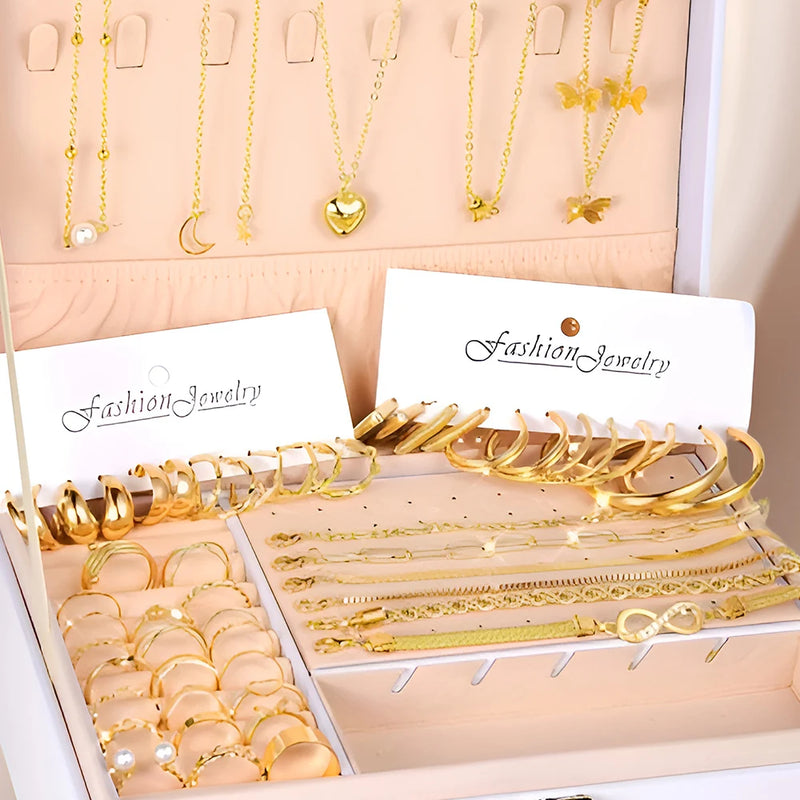 Super Kit 58 Peças Douradas com Colares, Brincos, Anéis e Pulseiras para Estilo Versátil e Completo
