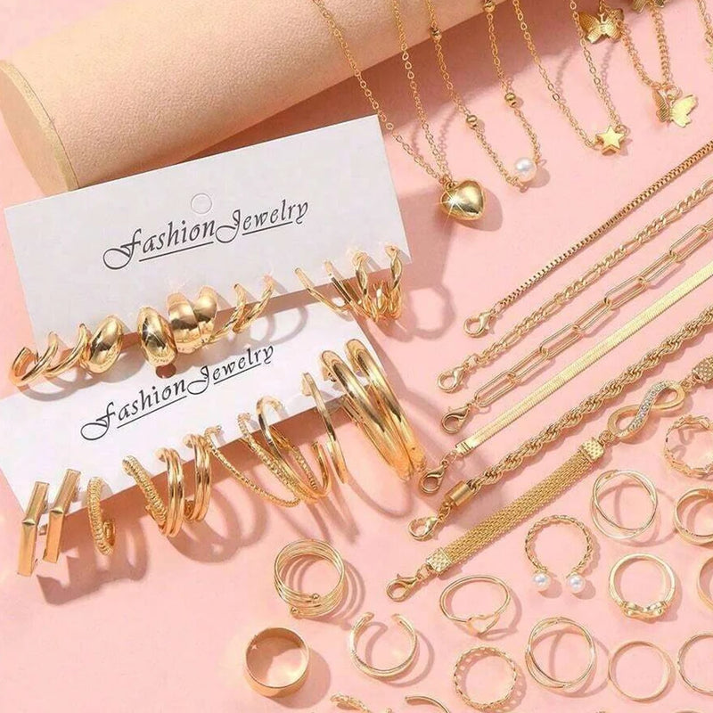 Super Kit 58 Peças Douradas com Colares, Brincos, Anéis e Pulseiras para Estilo Versátil e Completo