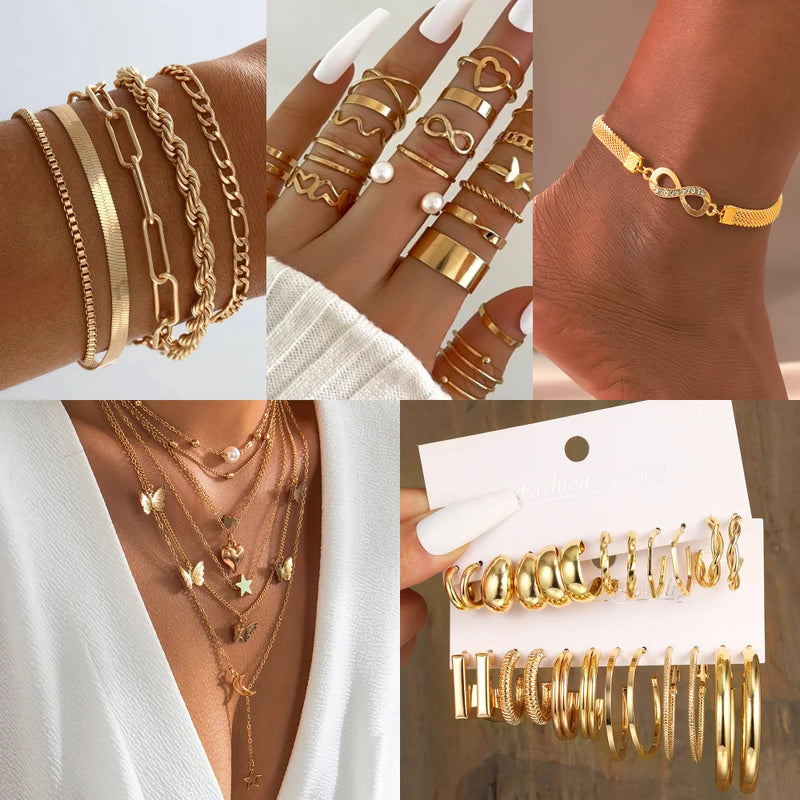 Super Kit 58 Peças Douradas com Colares, Brincos, Anéis e Pulseiras para Estilo Versátil e Completo
