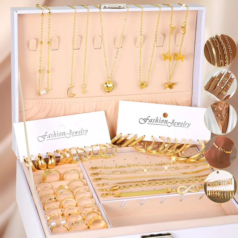 Super Kit 58 Peças Douradas com Colares, Brincos, Anéis e Pulseiras para Estilo Versátil e Completo