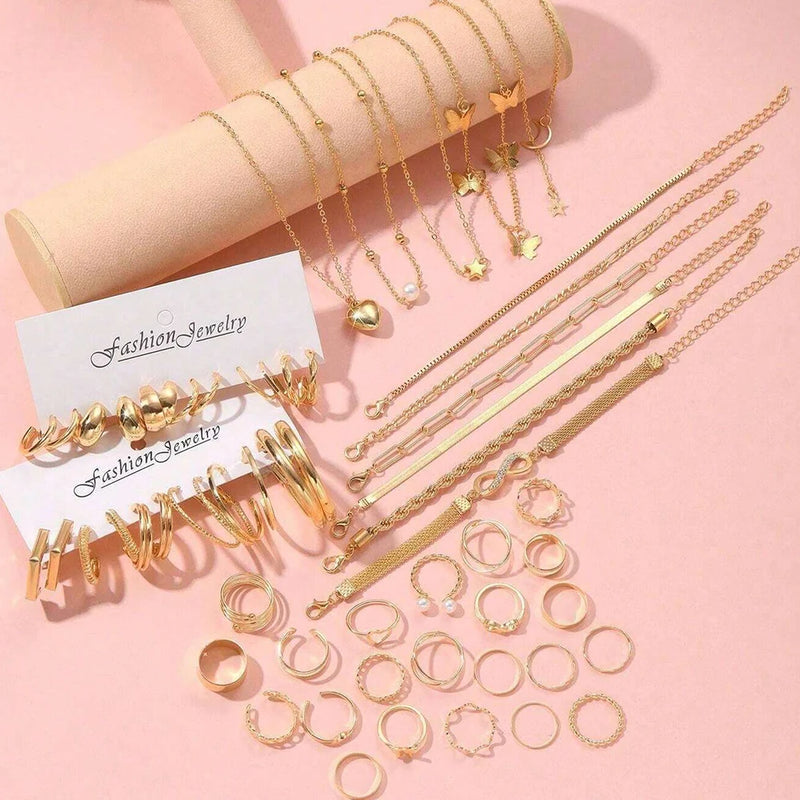 Super Kit 58 Peças Douradas com Colares, Brincos, Anéis e Pulseiras para Estilo Versátil e Completo