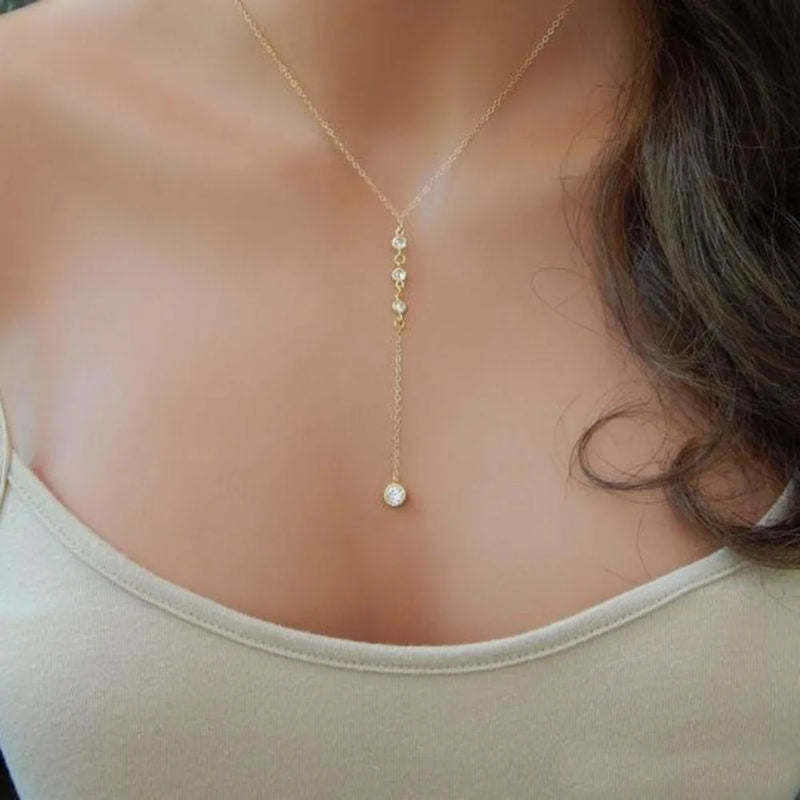 Colar Feminino em Aço Inoxidável com Pingente de Cristal em Forma de Y, Estilo Brilhante e Romântico