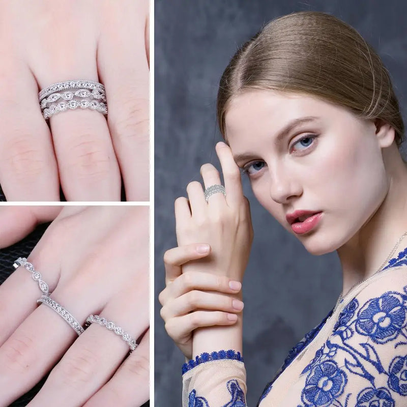 Conjunto de 3 Anéis Femininos em Prata 925 Banhada com Zircônia Cúbica AAA, Estilo Empilhável Versátil e Elegante