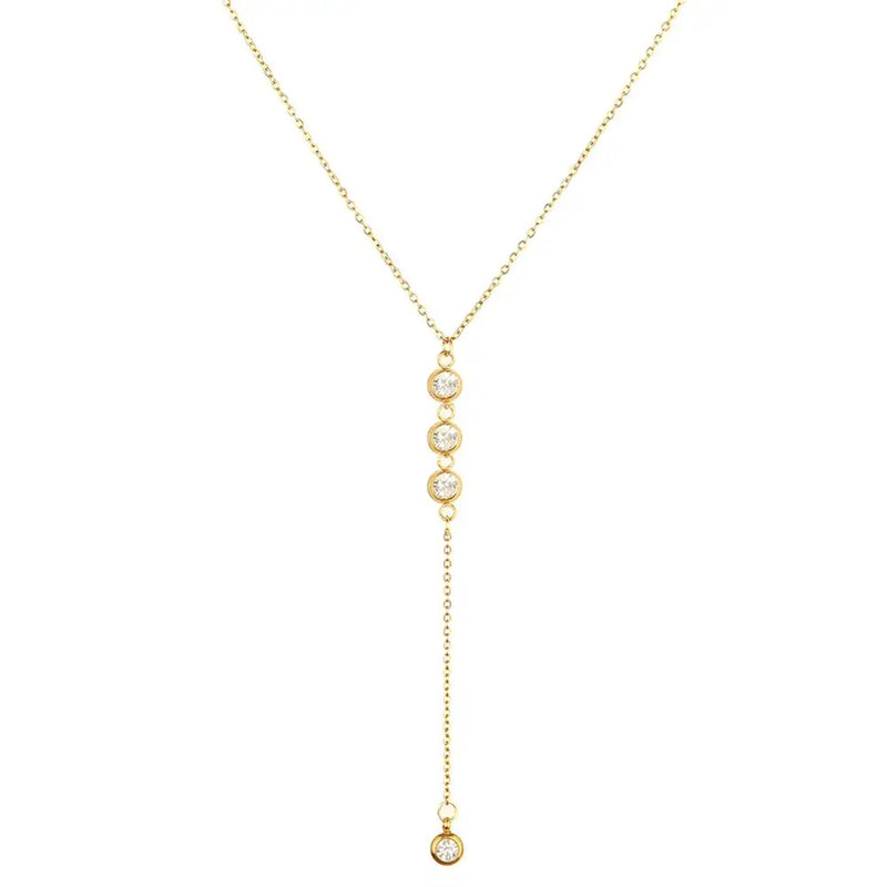 Colar Feminino em Aço Inoxidável com Pingente de Cristal em Forma de Y, Estilo Brilhante e Romântico
