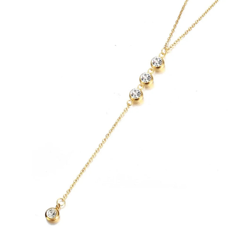 Colar Feminino em Aço Inoxidável com Pingente de Cristal em Forma de Y, Estilo Brilhante e Romântico