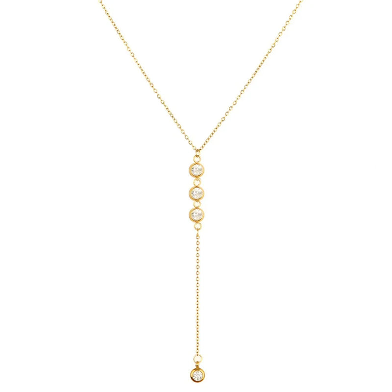 Colar Feminino em Aço Inoxidável com Pingente de Cristal em Forma de Y, Estilo Brilhante e Romântico
