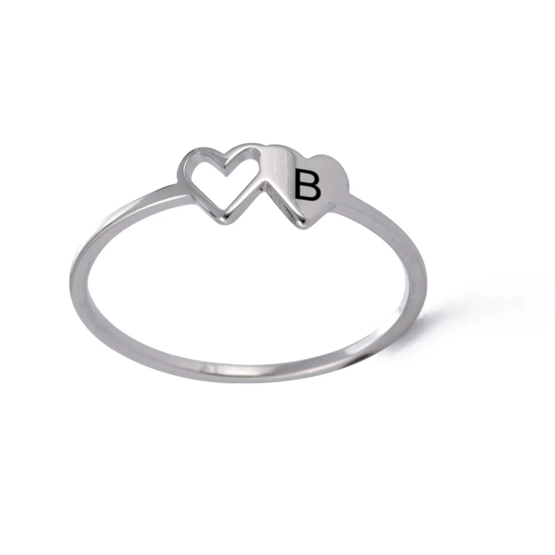 Anel Feminino de Coração Duplo com Letra Inicial em Aço Inoxidável Banhado a Ouro 18K, Moda Personalizada para Casamento e Presentes