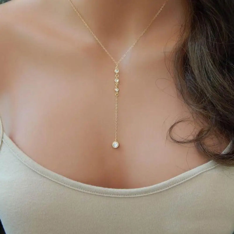 Colar Feminino em Aço Inoxidável com Pingente de Cristal em Forma de Y, Estilo Brilhante e Romântico