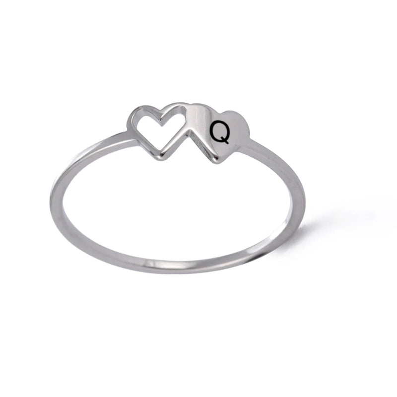 Anel Feminino de Coração Duplo com Letra Inicial em Aço Inoxidável Banhado a Ouro 18K, Moda Personalizada para Casamento e Presentes