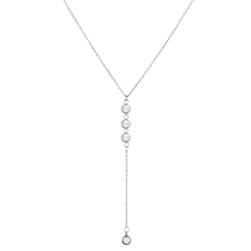 Colar Feminino em Aço Inoxidável com Pingente de Cristal em Forma de Y, Estilo Brilhante e Romântico