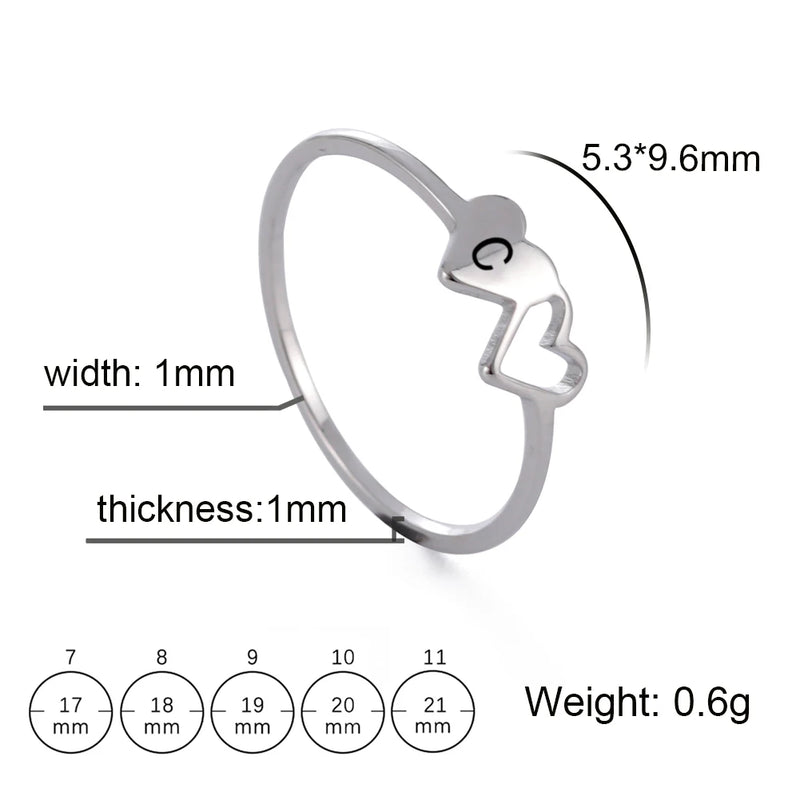 Anel Feminino de Coração Duplo com Letra Inicial em Aço Inoxidável Banhado a Ouro 18K, Moda Personalizada para Casamento e Presentes