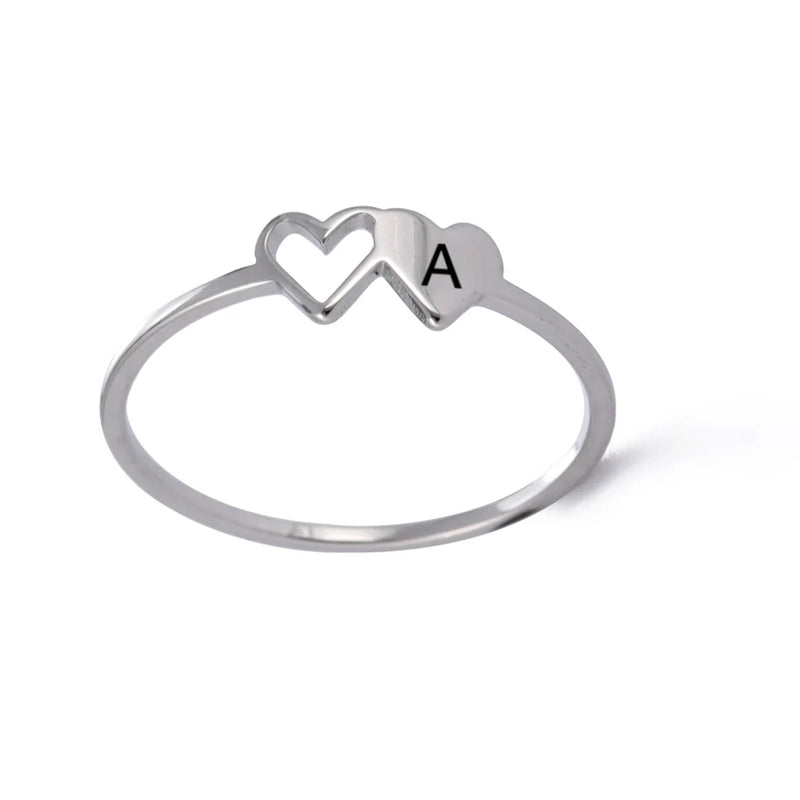 Anel Feminino de Coração Duplo com Letra Inicial em Aço Inoxidável Banhado a Ouro 18K, Moda Personalizada para Casamento e Presentes