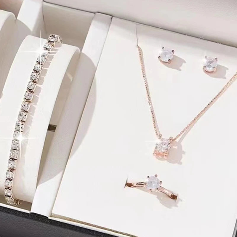 Kit Princesa 5 Peças com Colar, Pulseira, Anel e Brincos em Cristal, Luxo para Noivas e Presentes Especiais