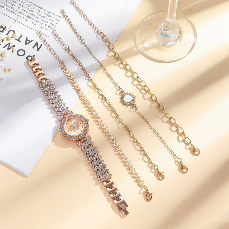 Conjunto feminino 5 peças com relógio de quartzo estilo borboleta e pulseiras elegantes, presente perfeito para meninas e aniversários