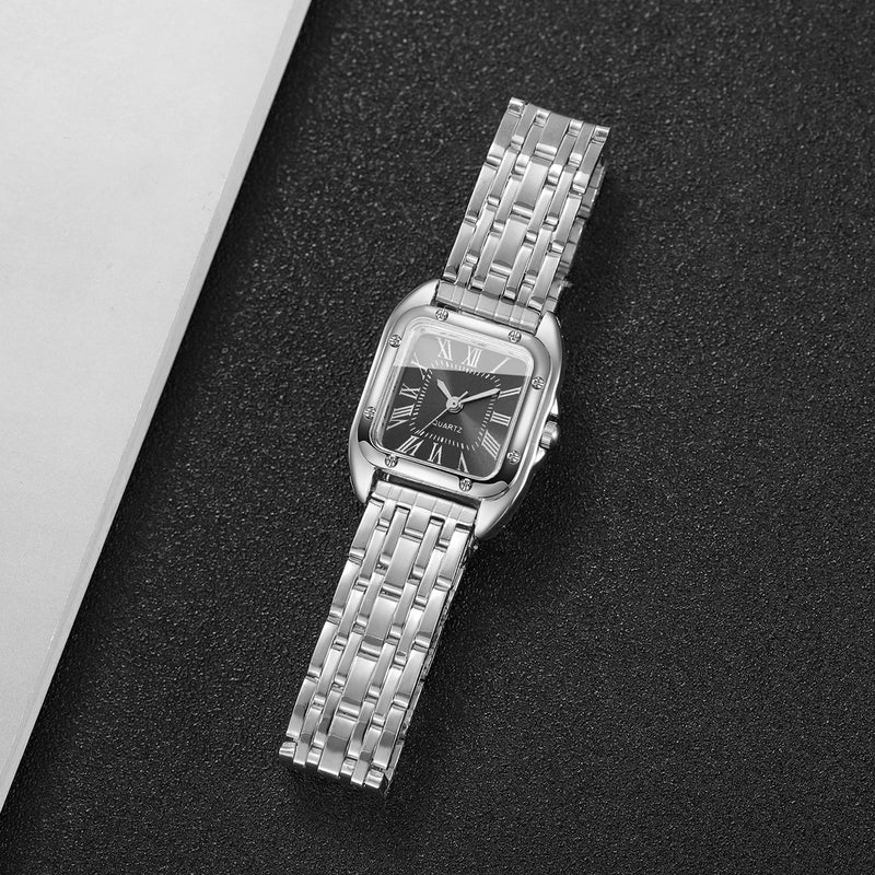 Relógio Feminino Quadrado de Quartzo 23mm, Mostrador Romano, Pulseira Metálica Dourada Casual e Fashion