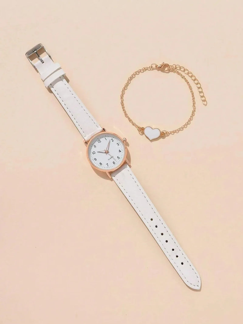 Kit Feminino com Relógio de Quartzo 31mm + Pulseira, Mostrador Redondo e Pulseira de Couro, Visual Casual Elegante para Todo Dia