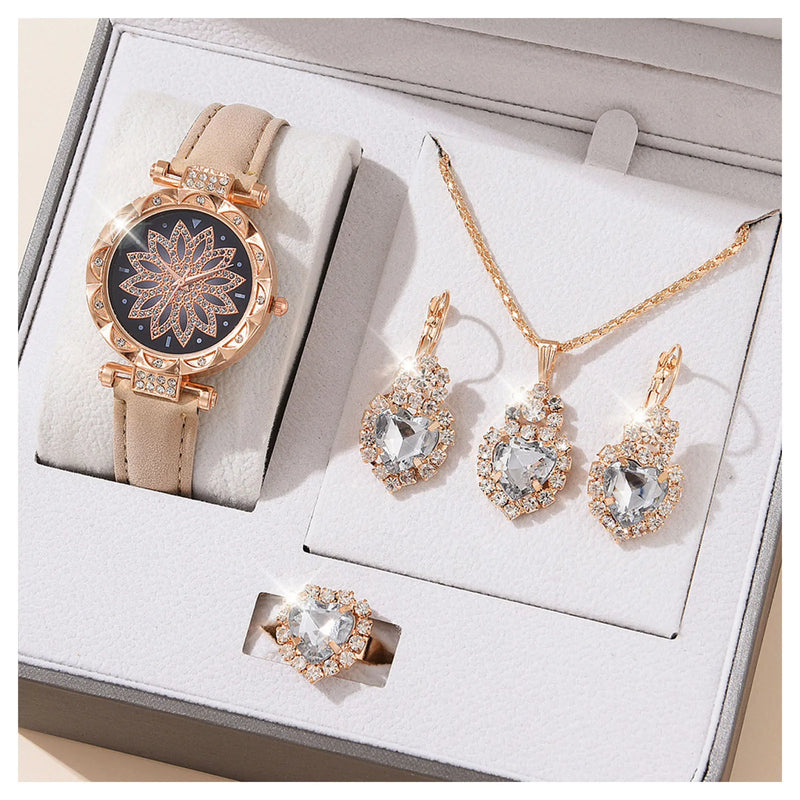 Kit Feminino com Relógio, Colar e Brincos de Cristal, Presente Sofisticado para Mãe, Esposa ou Namorada