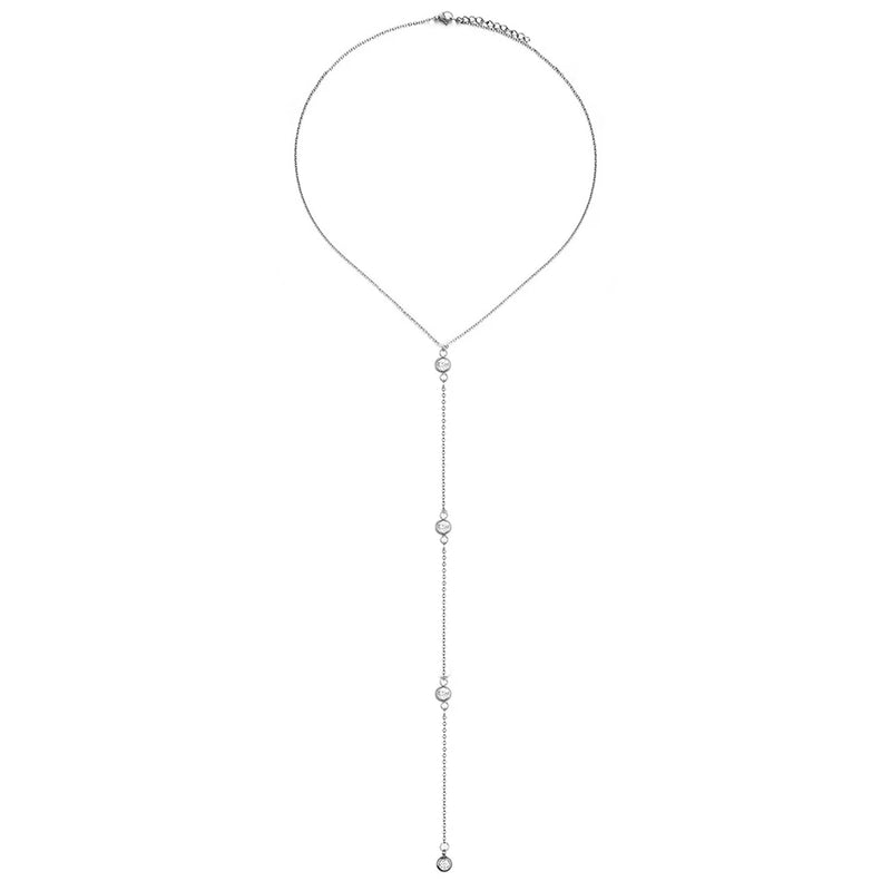 Colar Feminino em Aço Inoxidável com Pingente de Cristal em Forma de Y, Estilo Brilhante e Romântico
