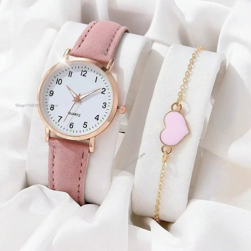 Kit Feminino com Relógio de Quartzo 31mm + Pulseira, Mostrador Redondo e Pulseira de Couro, Visual Casual Elegante para Todo Dia