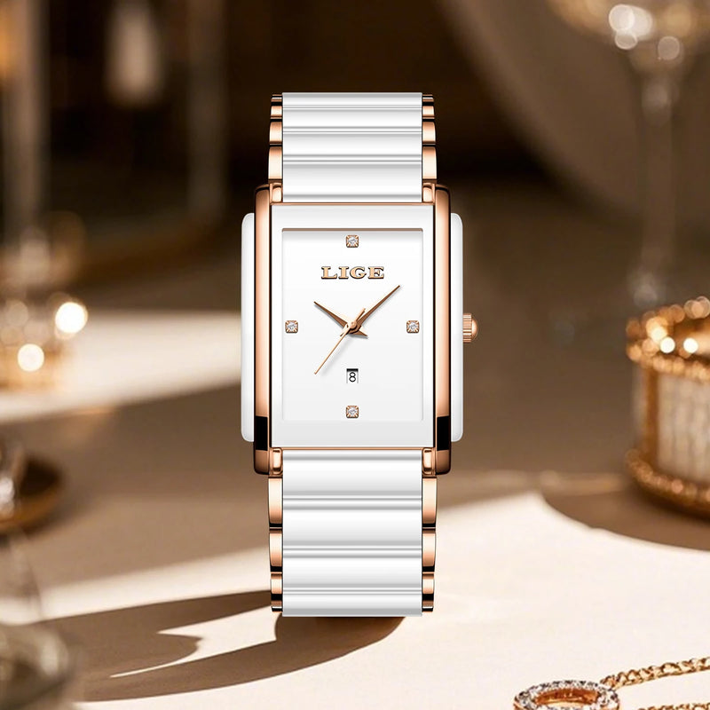 Relógio Feminino LIGE Quadrado de Quartzo em Cerâmica, 34mm, Funções de Data Automática e Resistência à Água 3ATM