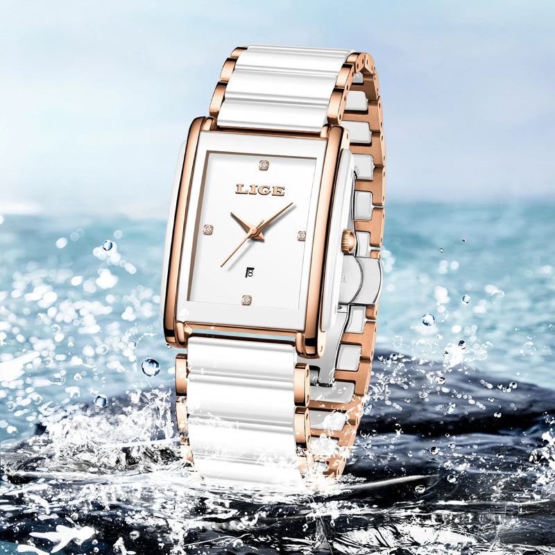 Relógio Feminino LIGE Quadrado de Quartzo em Cerâmica, 34mm, Funções de Data Automática e Resistência à Água 3ATM