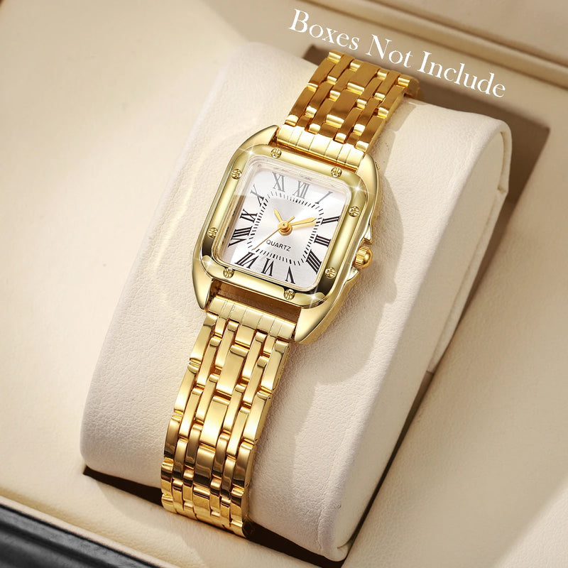 Relógio Feminino Quadrado de Quartzo 23mm, Mostrador Romano, Pulseira Metálica Dourada Casual e Fashion