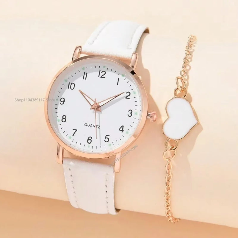 Kit Feminino com Relógio de Quartzo 31mm + Pulseira, Mostrador Redondo e Pulseira de Couro, Visual Casual Elegante para Todo Dia