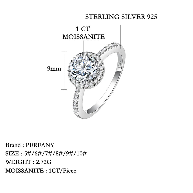 Anel Feminino em Prata 925 com Moissanite Redondo de 0.5 a 2CT, Banhado a Ouro Branco 18K