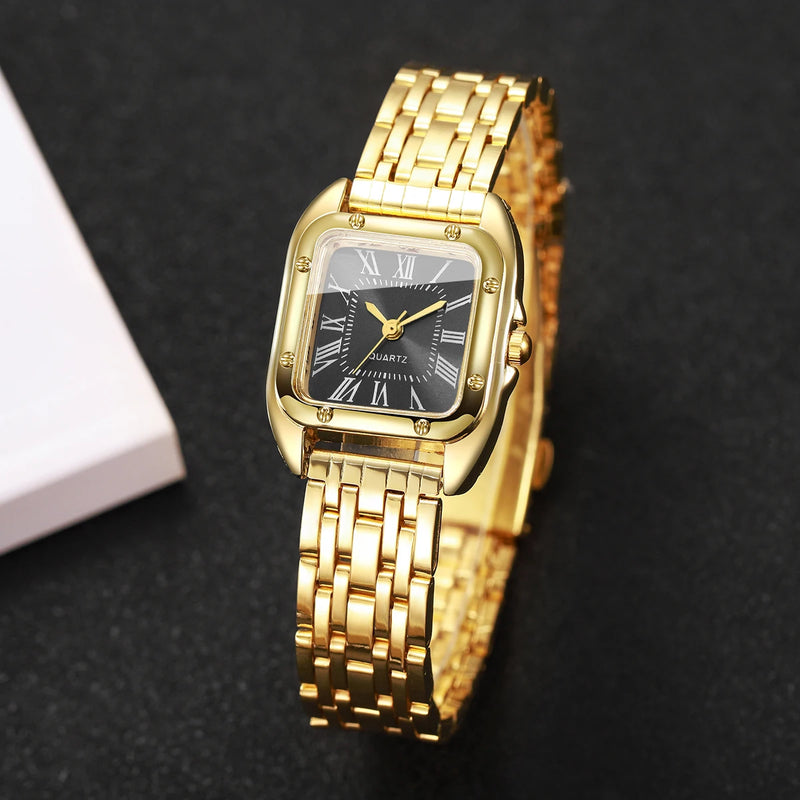 Relógio Feminino Quadrado de Quartzo 23mm, Mostrador Romano, Pulseira Metálica Dourada Casual e Fashion