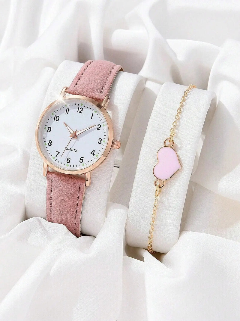 Kit Feminino com Relógio de Quartzo 31mm + Pulseira, Mostrador Redondo e Pulseira de Couro, Visual Casual Elegante para Todo Dia