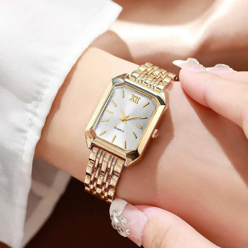 Relógio Feminino Retangular de Quartzo em Metal Dourado, Design Slim e Sofisticado para Looks Fashion e Casuais