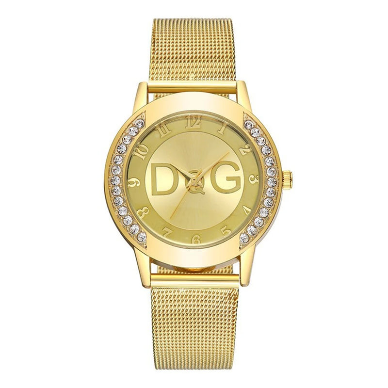 Relógio Feminino de Luxo 36mm, Pulseira Malha em Aço Inox Dourado, Mostrador Minimalista com Brilhos