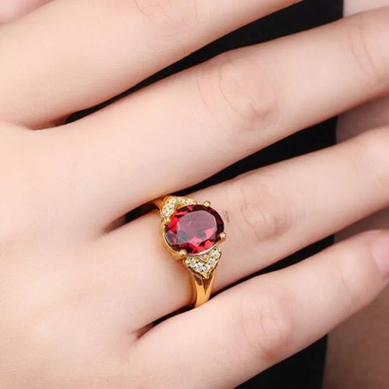 Anel Feminino em Ouro 24K AU999 com Cristal Vermelho Natural, Joia Ajustável de Luxo Atemporal