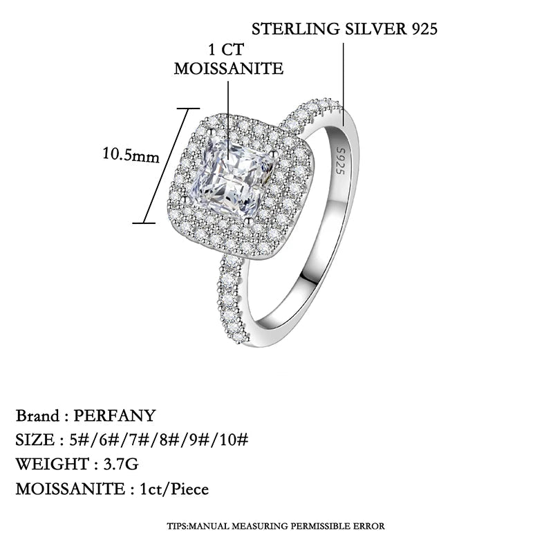 Anel Feminino em Prata 925 com Moissanite Corte Princesa 1CT, Luxo Moderno e Brilho Incomparável