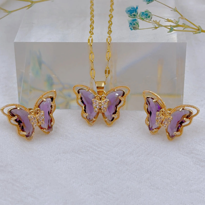 Conjunto Feminino de Colar e Brincos Borboleta, Luxo Europeu em Aço Inoxidável Micro-Incrustado