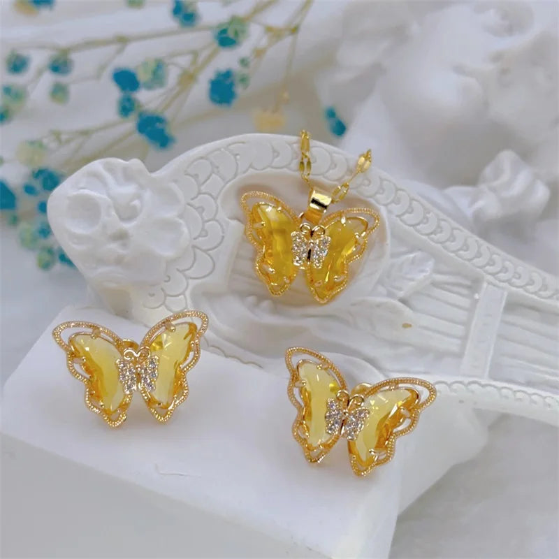 Conjunto Feminino de Colar e Brincos Borboleta, Luxo Europeu em Aço Inoxidável Micro-Incrustado