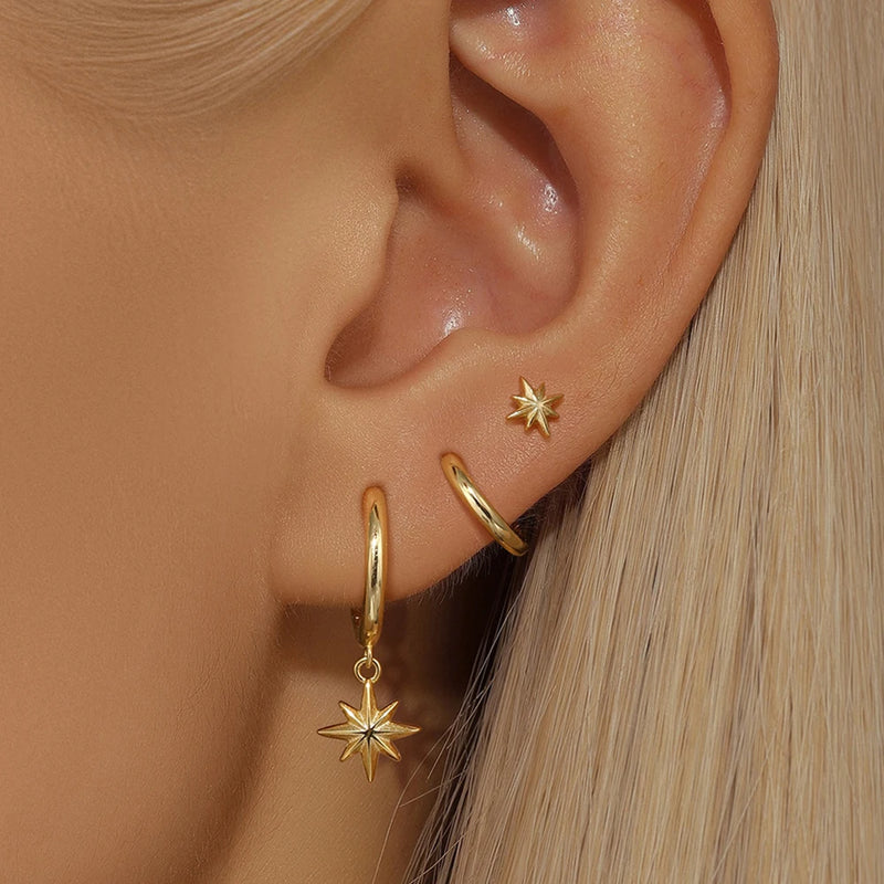 Conjunto com 3 Pares de Brincos Estrela em Aço Inoxidável Banhados a Ouro 18K, Estilo Punk e Moderno