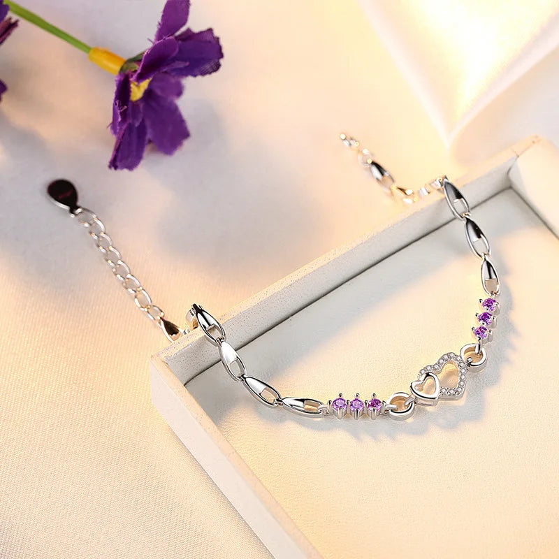 Pulseira Feminina em Prata 925 com Cristais de Zircão Roxo, Design Romântico e Elegante para Presente