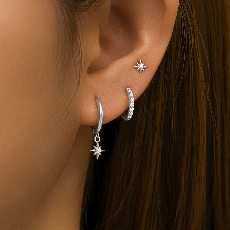 Conjunto com 3 Pares de Brincos Estrela em Aço Inoxidável Banhados a Ouro 18K, Estilo Punk e Moderno
