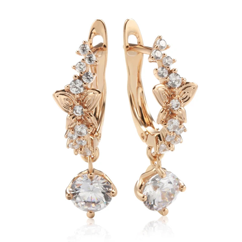 Brincos Femininos de Borboleta em Ouro Rosa 585 com Zircão Natural, Design Oco e Brilho Sofisticado