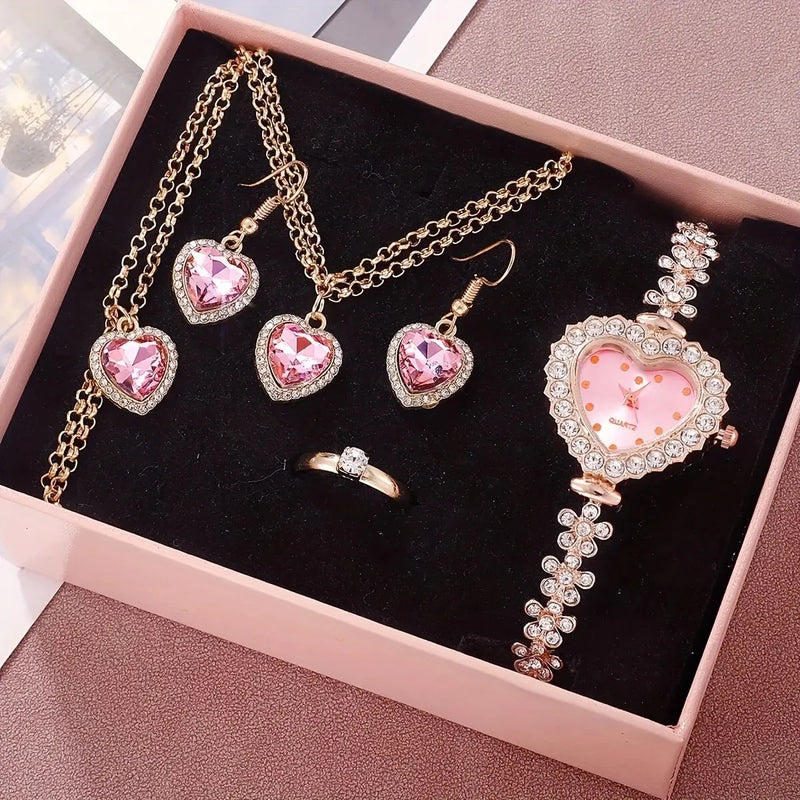 Kit Completo com Relógio, Colar, Pulseira, Anel e Brincos em Strass, Presente Feminino de Luxo