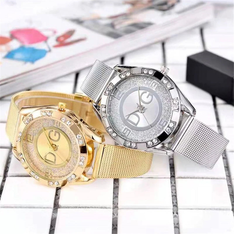 Relógio Feminino de Luxo 36mm, Pulseira Malha em Aço Inox Dourado, Mostrador Minimalista com Brilhos