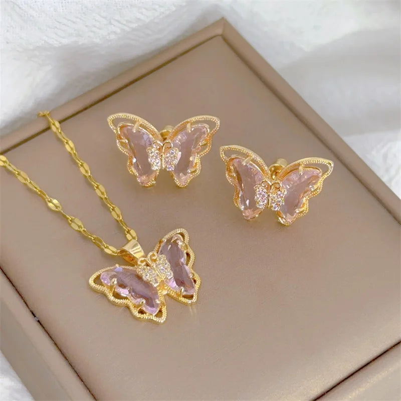 Conjunto Feminino de Colar e Brincos Borboleta, Luxo Europeu em Aço Inoxidável Micro-Incrustado