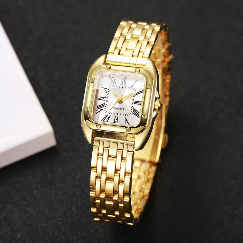 Relógio Feminino Quadrado de Quartzo 23mm, Mostrador Romano, Pulseira Metálica Dourada Casual e Fashion