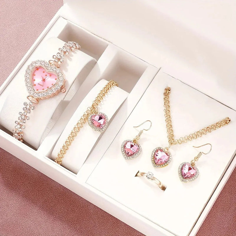 Kit Completo com Relógio, Colar, Pulseira, Anel e Brincos em Strass, Presente Feminino de Luxo