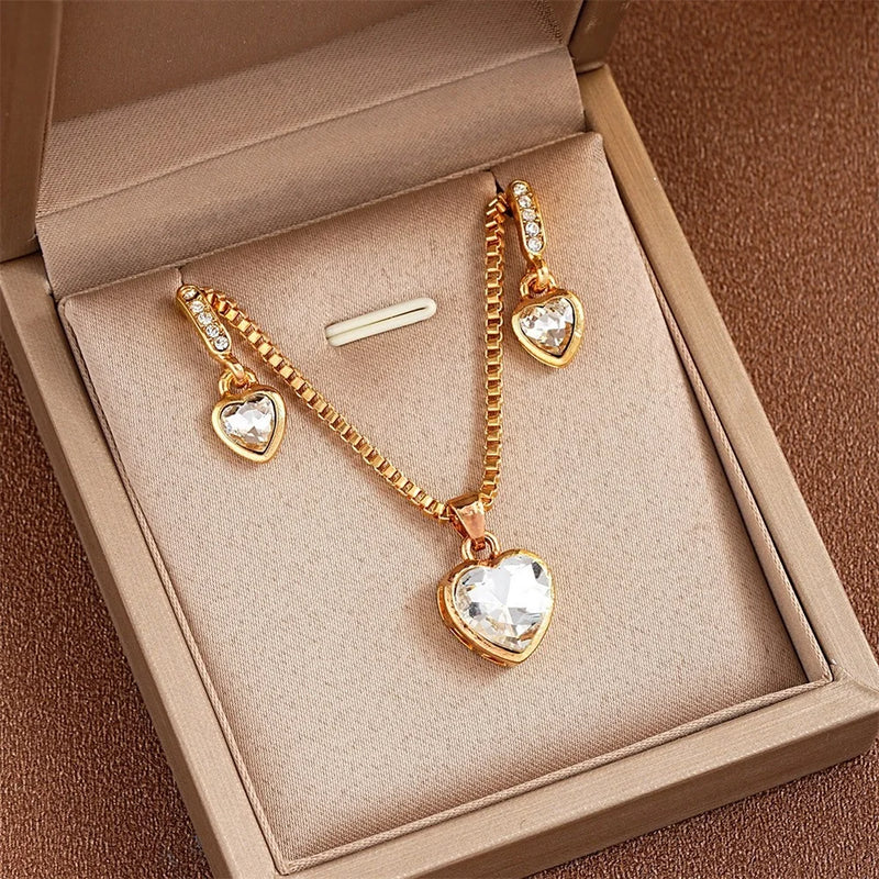 Kit de Joias 3 Peças Coração Duplo com Colar e Brincos de Cristal, Presente Feminino Sofisticado