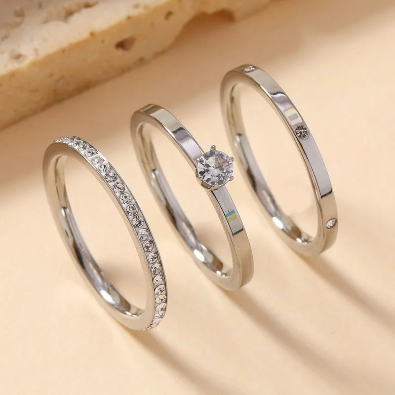 Conjunto Feminino com 3 Anéis em Aço Inoxidável Banhado a Ouro 18K, Clássicos com Zircônia para Estilo Moderno