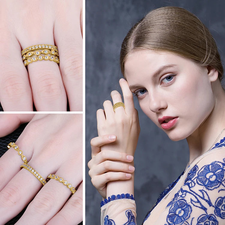 Conjunto de 3 Anéis Femininos em Prata 925 Banhada com Zircônia Cúbica AAA, Estilo Empilhável Versátil e Elegante
