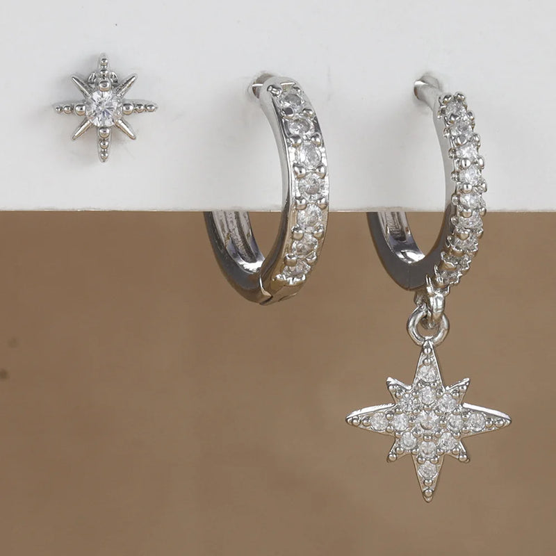 Conjunto com 3 Pares de Brincos Estrela em Aço Inoxidável Banhados a Ouro 18K, Estilo Punk e Moderno