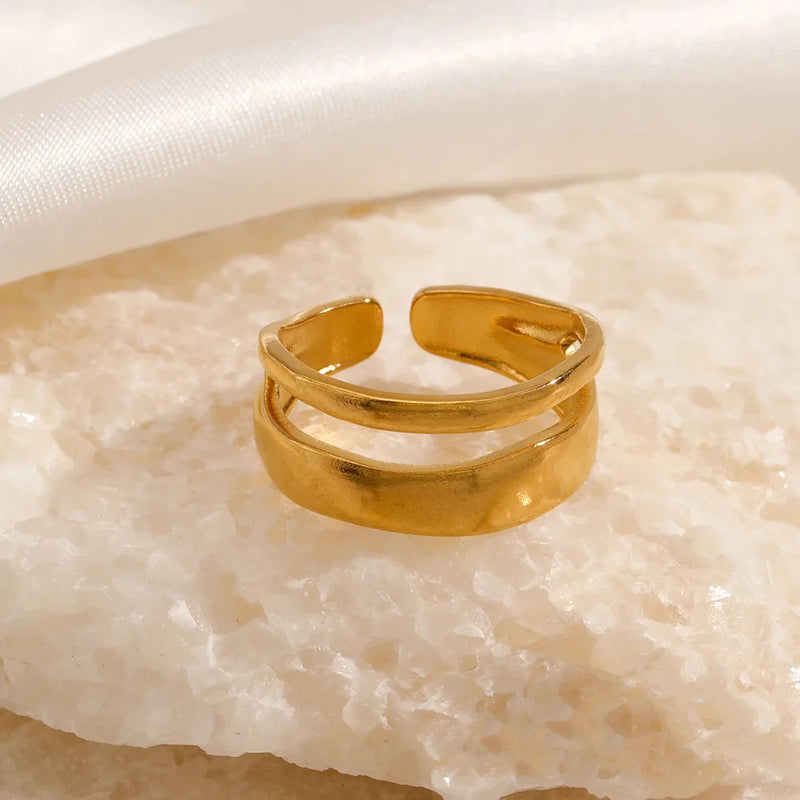 Anel Feminino Aberto Geométrico em Aço Inoxidável Dourado, Design Irregular Moderno e Estilo Minimalista